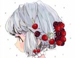  1girl bangs bead_necklace beads blush braid cherry cherry_earrings earrings eyelashes food food-themed_earrings from_side fruit grey_hair hair_ornament heart jewelry makeup necklace nucco original parted_lips portrait profile short_hair simple_background solo 