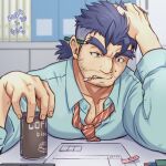  1boy bara blue_hair blue_shirt can canned_coffee chest_hair cigarette coffee collarbone collared_shirt dated drink_can facial_hair fingernails gammei_(live_a_hero) goatee_stubble hand_on_own_head indoors live_a_hero long_sleeves mouth_hold mustache_stubble necktie paperwork pectoral_press pencil pencil_behind_ear sabita_kan shirt sparse_stubble striped_necktie stubble teeth_hold v-shaped_eyebrows 