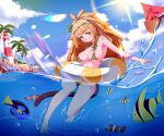  1girl animal_ears bananajuju bikini blonde_hair boat breasts brown_tail cloud day dreadlocks fish green_bikini highres indie_virtual_youtuber large_breasts lighthouse long_hair looking_at_viewer monkey_ears monkey_girl monkey_tail outdoors partially_underwater_shot raimoo solo striped_innertube swimsuit tail two-tone_innertube virtual_youtuber water watercraft white_innertube yellow_innertube 