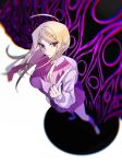  1girl ahoge akamatsu_kaede blonde_hair breasts collared_shirt commentary danganronpa_(series) danganronpa_v3:_killing_harmony determined eyelashes from_above glaring hair_ornament highres long_hair long_sleeves looking_at_viewer musical_note musical_note_hair_ornament necktie orange_necktie perspective pink_sweater_vest pink_vest pleated_skirt shirt skirt solo standing sweater_vest ulysseka vest white_bag white_shirt wind wind_lift 