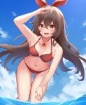  1girl absurdres amber_(genshin_impact) basil_yuzune bikini blue_sky breasts brown_hair cleavage cloud collarbone commentary_request day genshin_impact halterneck highres leaning_forward long_hair looking_at_viewer navel neckerchief orange_eyes outdoors red_bikini side-tie_bikini sky small_breasts smile solo standing string_bikini swimsuit thigh_gap wading water 