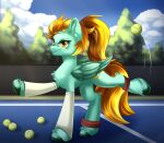  2024 ball blonde_hair chest_tuft clothing equid equine female feral fetlocks friendship_is_magic hair hasbro hi_res leg_warmers legwear lightning_dust_(mlp) mammal my_little_pony mythological_creature mythological_equine mythology outside pegasus polinatess smile solo sport tan_body tennis tennis_ball tennis_court tuft wings yellow_eyes 