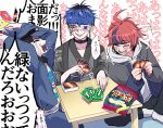  3boys ahoge animal_print arms_up bag_of_chips black_choker black_hair black_haori black_jacket black_pants black_streaks blue_hair blue_jacket blush card card_game choker cracked_skin crying earrings eye_print eyepatch face_piercing grey_eyes grey_jacket grey_kimono grin haori highres holding holding_card hood hoodie jacket jacket_over_hoodie japanese_clothes jewelry kimono labret_piercing laughing male_focus maruko_gaku multicolored_hair multicolored_jacket multiple_boys omokage_yugamu pants piercing print_eyepatch print_shirt red_hair ring shirt short_hair sitting smile socks speech_bubble spider_print streaked_hair streaming_tears sumino_takumi table tears the_hundred_line_-last_defense_academy- tkiura_runa two-tone_jacket uno_(game) uno_reverse_card white_background white_hoodie white_shirt white_socks 