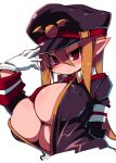  1girl absurdres arm_behind_back blush breasts closed_mouth collared_shirt covered_nipples disgaea gloves hair_between_eyes hand_on_headwear hand_up hat highres huge_breasts jacket light_brown_hair long_hair long_sleeves looking_at_viewer makai_senki_disgaea_3 military military_uniform necktie pointy_ears purple_headwear purple_jacket red_eyes red_neckwear salvatore_(disgaea) shirt simple_background solo uniform upper_body white_background white_gloves wing_collar zankuro 