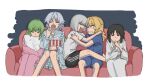  5girls alternate_costume black_shorts blonde_hair blue_shirt blue_shorts brown_eyes brown_hair clenched_teeth closed_eyes commentary_request couch crying eating food green_hair grey_hair hakurei_reimu hug izayoi_sakuya japanese_clothes kimono kirisame_marisa kochiya_sanae konpaku_youmu ktune_udon long_hair long_sleeves multiple_girls on_couch one_eye_closed open_mouth pants pink_pants pink_shirt popcorn shirt shorts sitting sleeping sleepwear sweatdrop teeth touhou white_kimono white_shirt wide_sleeves 