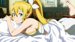 1girl artist_request barefoot bed blonde_hair breast_press breasts feet game_cg green_eyes highres indoors large_breasts leafa leafa_(sao:im) leg_up long_hair looking_at_viewer lying official_art on_stomach pillow sideboob smile soles solo sword_art_online sword_art_online:_hollow_fragment the_pose 