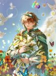  1boy :d absurdres balloon bird blue_butterfly blue_sky bouquet brown_hair bug butterfly cape cloud falling_petals flower grass green_cape green_hairband hairband highres holding holding_bouquet lens_flare male_focus name_day_(reverse:1999) open_mouth outdoors petals purple_eyes red_butterfly reverse:1999 shirt short_hair sky smile solo too_many_flowers upper_body white_bird white_flower white_shirt yellow_flower yuha6666 
