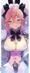  1girl animal_ear_fluff animal_ears bangs black_bow black_gloves blush bow breasts character_name cleavage collared_shirt corset dress_shirt envelope fate/grand_order fate_(series) fox_tail glasses gloves hair_between_eyes hair_bow highres koyanskaya_(fate) large_breasts licking_lips long_hair long_sleeves looking_at_viewer pantyhose pink_hair rabbit_ears shirt sidelocks smile solo tail tamamo_(fate) tongue tongue_out twintails underbust vivi_(eve_no_hakoniwa) white_legwear white_shirt yellow_eyes 