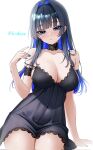  1girl :o alternate_costume arm_support artist_name black_choker blue_eyes blue_hair blue_nails blue_nightgown blush breasts choker cleavage corrupted_twitter_file hair_intakes hand_up hashtag-only_commentary heart heart_in_eye highres hololive hololive_english lace-trimmed_choker lace_trim large_breasts long_hair looking_at_viewer nail_polish nightgown ouro_kronii parted_lips simple_background sitting sleepwear solo strap_slip symbol_in_eye very_long_fingernails virtual_youtuber vorkiss white_background 