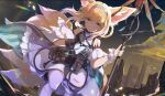  1girl animal_ear_fluff animal_ears arknights azusa0v0 bangs belt_pouch blonde_hair blue_hairband braid building clenched_hand closed_mouth cloud dress dutch_angle earpiece eyebrows_visible_through_hair fox_ears fox_girl fox_tail frilled_dress frills gloves green_eyes hair_rings hairband hand_on_own_chest hands_up highres holding holding_staff id_card infection_monitor_(arknights) kyuubi lens_flare light_blush looking_at_viewer multiple_tails oripathy_lesion_(arknights) pantyhose pouch short_hair single_glove sky skyscraper solo staff suzuran_(arknights) tail torn_clothes torn_legwear white_dress white_legwear white_wrist_cuffs wrist_cuffs 