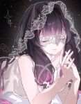  1girl alternate_costume black_hair blunt_bangs closed_eyes closed_mouth collarbone columbina_(genshin_impact) detached_wings elbow_rest eye_mask eyelashes facing_viewer genshin_impact hair_tubes highres interlocked_fingers kahun_0722 lace-trimmed_hair_ornament lace-trimmed_veil lace_mask lace_trim long_hair lying multicolored_hair night night_sky on_stomach own_hands_together pink_hair see-through_clothes see-through_veil shirt sky sleeveless sleeveless_shirt solo sparkle star_(sky) starry_sky streaked_hair swept_bangs veil very_long_hair white_mask white_shirt wings 
