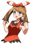  1girl :d absurdres bangs blue_eyes blush bow bow_hairband breasts brown_hair clenched_hands collarbone cropped_torso eyebrows_visible_through_hair hair_bow hairband highres looking_at_viewer may_(pokemon) open_mouth pokemon pokemon_(game) pokemon_oras red_hairband red_shirt shiny shiny_hair shirt short_hair_with_long_locks sidelocks simple_background sleeveless sleeveless_shirt small_breasts smile solo striped striped_bow white_background yuihico 