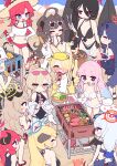  6+girls ahoge akari_(blue_archive) animal_ear_fluff animal_ears beach bikini black_hair black_wings blonde_hair blue_archive blush breasts brown_hair cleavage closed_eyes commentary_request cooking corn corn_cob crab eating eyewear_on_head food fox_ears fox_girl grill grilling hair_between_eyes hair_ornament hair_over_one_eye hair_scrunchie halo hand_on_own_hip haruna_(blue_archive) hasumi_(blue_archive) hasumi_(swimsuit)_(blue_archive) hat highres holding holding_plate hot_springs_department_member_(blue_archive) ichika_(blue_archive) ichika_(swimsuit)_(blue_archive) ikayaki izumi_(blue_archive) junko_(blue_archive) kasumi_(blue_archive) kasumi_(swimsuit)_(blue_archive) large_breasts long_hair medium_breasts megu_(blue_archive) megu_(swimsuit)_(blue_archive) mika_(blue_archive) mika_(swimsuit)_(blue_archive) morotake multicolored_hair multiple_girls nagisa_(blue_archive) nagisa_(swimsuit)_(blue_archive) octopus off_shoulder one-piece_swimsuit open_mouth outdoors pink_hair plate ponytail red_bikini red_eyes red_hair sand sarong scrunchie seia_(blue_archive) seia_(swimsuit)_(blue_archive) small_breasts standing straw_hat striped_bikini striped_clothes sunglasses swimsuit tail vegetable very_long_hair visor_cap white_bikini white_wings wings yellow_hat 