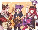  4girls animal_ears arknights asymmetrical_legwear beanie black_headwear black_legwear black_shirt black_vest camera chibi chibi_inset chinese_commentary closed_eyes commentary_request demon_girl demon_horns demon_tail ears_through_headwear electric_guitar feet_out_of_frame fox_ears fox_girl fox_tail frostleaf_(arknights) grey_shirt grin guitar hair_ornament hairclip hat headphones hibiscus_(arknights) highres holding holding_camera holding_instrument horns implied_extra_ears instrument jacket lava_(arknights) long_hair mabing medium_hair mismatched_legwear multiple_girls music musical_note necktie off-shoulder_shirt off_shoulder open_clothes open_jacket oripathy_lesion_(arknights) pantyhose playing_instrument pointy_ears purple_eyes purple_hair purple_skirt red_eyes red_hair red_jacket red_legwear red_neckwear shirt short_twintails skirt smile tail teeth thighhighs tooth_necklace twintails vest vigna_(arknights) white_shirt 