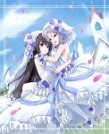  2girls :d artist_name assault_lily bare_shoulders black_hair blue_bow blue_eyes blue_sky blurry blurry_background blush border bow breasts bridal_veil bride building carrying carrying_person church closed_mouth cloud commentary_request cross crying crying_with_eyes_open day detached_sleeves dress dress_bow dress_flower dutch_angle eye_contact face-to-face falling_petals feet_out_of_frame flower footwear_flower frilled_dress frills gloves grass grey_hair hair_between_eyes hair_flower hair_ornament hand_on_another&#039;s_shoulder hand_up hands_up heads_together heterochromia high_heels highres hug inoguchi_minto inset_border kagawa_makina latin_cross light_particles long_hair looking_at_another medium_breasts mole mole_under_eye morimoto_yuni multiple_girls official_alternate_costume open_mouth outdoors parted_bangs petals pink_eyes puffy_detached_sleeves puffy_short_sleeves puffy_sleeves purple_flower purple_rose rose shoes short_hair short_sleeves sky sleeveless sleeveless_dress smile tears thighhighs veil very_long_hair wedding_dress white_border white_dress white_flower white_gloves white_rose white_shoes white_thighhighs white_veil wrist_flower yuri 