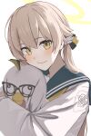 1girl absurdres arisugawa_bii black_sailor_collar blonde_hair blue_archive blush cardigan closed_mouth commentary glasses hair_ornament halo hifumi_(blue_archive) highres holding holding_stuffed_toy long_hair long_sleeves looking_at_viewer neckerchief peroro_(blue_archive) sailor_collar simple_background smile solo stuffed_animal stuffed_toy upper_body white_background white_cardigan yellow_eyes yellow_halo yellow_neckerchief 