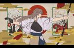  2boys aiming archery black_gloves blue_hakama bow_(weapon) brown_hair bug centipede closed_mouth commentary_request egasumi flower friedmola gintama gloves grey_hair hakama hakama_skirt highres holding holding_bow_(weapon) holding_weapon japanese_clothes kimono kyuudou letterboxed long_hair male_focus multiple_boys muneate oboro_(gintama) outstretched_arms partially_fingerless_gloves petals profile single_glove skirt skull tasuki teacher_and_student weapon yoshida_shouyou yugake 
