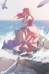  1girl bare_legs bare_shoulders beads bird blue_sky bored brown_eyes closed_mouth coral_print dress floating_hair full_body gown hair_beads hair_ornament hand_on_own_cheek hand_on_own_face highres kirina_zero knee_up long_dress looking_ahead nikki_(nikki) nikki_(series) ocean on_rock pink_dress seagull shining_nikki shore sidelocks sitting sky solo strapless strapless_dress watermark wave&#039;s_shallow_ballad_(shining_nikki) waves weibo_watermark wind 