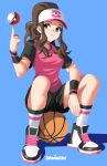  1girl absurdres alternate_costume artist_name baseball_cap basketball basketball_uniform black_shirt black_shorts blue_background blue_eyes blush brown_hair closed_mouth daniaeru eyelashes hand_up hat highres hilda_(pokemon) long_hair pink_vest poke_ball poke_ball_(basic) pokemon pokemon_(game) pokemon_bw shirt shoes short_sleeves shorts sidelocks simple_background sitting socks sportswear t-shirt two-tone_headwear vest wristband 