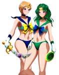  2girls back_bow bishoujo_senshi_sailor_moon blonde_hair blue_bow blue_bowtie blue_brooch blue_choker blue_eyes blue_sailor_collar bow bowtie breasts choker circlet closed_mouth commentary deep_aqua_mirror gloves green_brooch green_choker green_hair green_sailor_collar grimbyslayer hand_mirror highres holding holding_mirror holding_sword holding_weapon kaiou_michiru long_hair looking_at_another looking_at_viewer magical_girl mirror multiple_girls neptune_symbol sailor_collar sailor_moon_narikiri_bra_set sailor_neptune sailor_senshi sailor_senshi_uniform sailor_uranus short_hair smile space_sword standing sword ten&#039;ou_haruka very_short_hair wavy_hair weapon white_gloves yellow_bow yellow_bowtie 