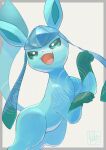  :d border commentary_request fangs gen_4_pokemon glaceon green_eyes grey_border highres kikuyoshi_(tracco) no_humans open_mouth pokemon pokemon_(creature) signature smile solo toes tongue watermark 