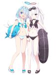  2girls alternate_costume arona_(blue_archive) bare_legs bikini black_choker blue_archive blue_hair blunt_bangs blush bow bowtie braid choker collarbone commentary_request eyewear_on_head full_body grey_hair hair_over_one_eye hairband halo haua highres holding holding_swim_ring inflatable_toy inflatable_whale locked_arms long_hair looking_at_viewer multicolored_hair multiple_girls navel neckerchief one_eye_covered pink_hair plana_(blue_archive) sailor_bikini sailor_collar sandals short_hair side_ponytail simple_background single_braid smile stomach sunglasses swim_ring swimsuit toes two-tone_hair very_long_hair white_background white_bow white_bowtie white_choker white_hairband white_neckerchief 