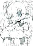  1girl :d absurdres bare_shoulders breasts cleavage detached_collar disgaea fang greyscale hair_over_one_eye highres large_breasts long_sleeves maid maid_(disgaea) makai_senki_disgaea_5 monochrome open_mouth pointy_ears smile solo twintails upper_body wide-eyed zankuro 