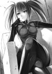  1girl aged_up belt black_belt bodysuit breasts crossed_legs expressionless gloves greyscale highres ikeda_yasuhiro latex latex_bodysuit latex_gloves leather_belt long_hair looking_at_viewer medium_breasts monochrome non-web_source official_art ringed_eyes science_adventure sitting skin_tight solo square_pupils steins;gate tennouji_nae twintails 