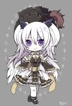  1girl archbishop_(ragnarok_online) bangs black_dress black_footwear breasts chibi cleavage_cutout closed_mouth clothing_cutout commentary_request cross dress eyebrows_visible_through_hair frilled_dress frilled_sleeves frills full_body grey_background hair_between_eyes headdress long_hair looking_at_viewer medium_breasts official_alternate_costume purple_eyes ragnarok_online reona_amane simple_background smile solo thighhighs two-tone_dress two_side_up very_long_hair white_dress white_hair white_legwear 