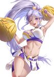  1girl absurdres armpits breasts cheerleader choker commission commissioner_upload fire_emblem fire_emblem:_genealogy_of_the_holy_war fire_emblem_heroes heart highres iria_(yumeirokingyo) ishtar_(fire_emblem) jewelry long_hair midriff navel open_mouth pom_pom_(cheerleading) purple_eyes purple_hair shoes simple_background smile sneakers solo sweat uniform white_background 