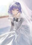  1girl amano_(amn_amn) arm_at_side ascot backlighting black_ascot black_sleeve_cuffs blue_brooch blue_eyes blue_gemstone blue_hair blue_ribbon bob_cut brooch chinese_commentary clip_studio_paint_(medium) collared_dress commentary_request curtains day dress floating_curtains frilled_dress frills gakuen_idolmaster gem hair_ribbon hand_up hataya_misuzu highres idolmaster jewelry light_smile long_dress long_sleeves looking_at_viewer mole mole_under_mouth ribbon short_hair sitting sleeve_cuffs solo split_mouth tress_ribbon tucking_hair white_dress wind window wing_collar 
