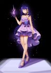  1girl anklet bangs bare_shoulders black_background breasts cleavage commentary_request dress electricity flower full_body genshin_impact gloves hair_ornament high_heels highres jewelry light_particles long_hair looking_at_viewer patrickj1703 pleated_dress purple_dress purple_eyes purple_flower purple_gloves purple_hair raiden_(genshin_impact) ribbon sash simple_background solo standing 