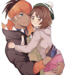  1boy 1girl age_difference bangs blue_eyes blush bob_cut brown_eyes brown_hair brown_hoodie cardigan closed_mouth collared_shirt commentary_request dark-skinned_male dark_skin dress earrings eyebrows_visible_through_hair eyelashes gloria_(pokemon) gloves green_headwear grey_cardigan gym_leader hat hood hoodie hug jewelry nikki_(ninciav) one_eye_closed partially_fingerless_gloves pink_dress pokemon pokemon_(game) pokemon_swsh raihan_(pokemon) shirt short_hair simple_background single_glove smile tam_o&#039;_shanter undercut white_background 