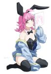  1girl :o ahoge akira_hjk animal_ears arm_between_legs arm_support armpit_crease bare_shoulders black_bow black_bowtie black_leotard black_thighhighs blue_jacket blunt_ends bow bowtie breasts collar commentary_request detached_collar drawing_(object) fake_animal_ears full_body hand_up highres holding holding_sketchbook invisible_floor jacket jacket_partially_removed kishimen_hair leotard looking_at_viewer love_live! love_live!_nijigasaki_high_school_idol_club medium_hair parted_lips pink_hair playboy_bunny rabbit_ears rina-chan_board signature simple_background sitting sketchbook sleeves_past_wrists small_breasts solo strapless strapless_leotard striped_clothes striped_jacket tennoji_rina thighhighs wariza white_background white_collar yellow_eyes 