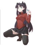  1girl black_hair black_skirt black_thighhighs blue_eyes breasts commentary covered_navel fate/stay_night fate_(series) full_body gem highres holding holding_gem long_hair medium_breasts miniskirt on_one_knee pleated_skirt raffic red_shirt shirt shoes simple_background skirt taut_clothes taut_shirt thighhighs thighs tiptoes tohsaka_rin turtleneck two_side_up very_long_hair white_background zettai_ryouiki 