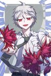  1boy :d ahoge badge bangs belt black_belt breast_pocket collared_shirt commentary_request danganronpa_(series) danganronpa_2:_goodbye_despair flower green_neckwear grey_background grey_hair highres hinata_hajime hinata_hajime_(awakened) looking_at_viewer male_focus necktie open_mouth pocket red_eyes red_flower shirt short_hair smile solo twitter_username upper_body upper_teeth white_shirt ziling 