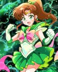  1girl bishoujo_senshi_sailor_moon bow brown_hair choker earrings elbow_gloves gloves green_choker green_eyes green_sailor_collar green_skirt hair_bobbles hair_ornament happynaru23 highres jewelry kino_makoto long_hair pink_bow ponytail sailor_collar sailor_jupiter sailor_senshi_uniform skirt smile solo super_sailor_jupiter white_gloves 