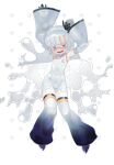  1girl arms_up bare_shoulders black_gloves black_shoes blunt_ends bodysuit cover cover_page double_bun gelee_(puniru_wa_kawaii_slime) gloves gradient_hair gradient_thighhighs grey_hair hair_bun hexagon_print highres maedakun monster_girl multicolored_hair official_art open_mouth orange-framed_eyewear orange_hair print_bodysuit print_sleeves puniru_wa_kawaii_slime purple_eyes ringed_eyes robot_girl shoes sleeveless sleeveless_bodysuit slime_(substance) slime_girl slime_hair solo star_(symbol) streaked_hair tape thighhighs tube_socks wavy_hair white_background white_thighhighs white_unitard wide_sleeves 
