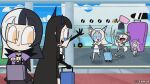  0rbitten 5girls ^_^ aircraft airplane airport animal_ears arm_up asymmetrical_horns backpack bag black_coat black_corset black_dress black_gloves black_hair black_jacket blonde_hair blue_eyes blue_hair blue_hairband blue_sky boots center-flap_bangs chest_jewel circlet closed_eyes clothing_cutout cloud coat collared_shirt commentary corset cropped_jacket cropped_shirt day dog_ears dog_girl dog_tail double-parted_bangs dress elbow_gloves english_commentary falling fur-trimmed_coat fur-trimmed_jacket fur_trim fuwawa_abyssgard fuwawa_abyssgard_(1st_costume) gem glance gloves grey_hair hair_flaps hairband highres holoadvent hololive hololive_english horn_hairband horns jacket kneehighs koseki_bijou koseki_bijou_(1st_costume) long_hair mococo_abyssgard mococo_abyssgard_(1st_costume) multicolored_hair multiple_girls nerissa_ravencroft official_art outdoors outstretched_arm pink_hair pink_hairband purple_boots purple_eyes purple_gemstone purple_hair rolling_suitcase shiori_novella shiori_novella_(1st_costume) shirt shoes short_hair short_shorts shorts shoulder_cutout single_thighhigh sky slipping socks split-color_hair streaked_hair suitcase tail thighhighs toon_(style) two_side_up uneven_horns very_long_hair virtual_youtuber waving white_dress white_shirt white_shoes white_shorts yellow_eyes 