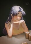  1girl 2021 :d absurdres black_background blue_hair breasts brown_eyes can cleavage collarbone dated hair_intakes highres katsuragi_misato large_breasts long_hair neon_genesis_evangelion open_mouth sandwich_(3meiji) shiny shiny_hair sleeveless smile solo straight_hair table tank_top upper_body yellow_tank_top 