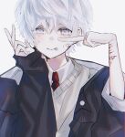  1boy bandaid crying crying_with_eyes_open g_ig98 grey_background highres injury male_focus necktie original self_harm simple_background solo tears white_eyes white_hair wrist_cutting 