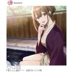  1girl bad_link brown_hair coat highres idolmaster idolmaster_shiny_colors kuwayama_chiyuki long_hair looking_at_viewer onsen open_mouth purple_coat sitting smile solo sunlight tomari_(veryberry00) tree wooden_floor 