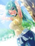  1girl ;d armpits arms_up blue_pants blurry blurry_background clothes_around_waist cowboy_shot day dutch_angle green_eyes green_hair high_ponytail highres higurashi_no_naku_koro_ni long_hair one_eye_closed open_mouth outdoors pants shiny shiny_hair shirt sleeves_rolled_up smile solo sonozaki_mion sunlight sweat sweater sweater_around_waist to-ya_(to-ya_can) very_long_hair wet wet_clothes wet_shirt yellow_shirt 
