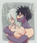  2boys bangs black_hair boku_no_hero_academia burn_scar collarbone commentary_request dabi_(boku_no_hero_academia) ear_piercing from_side grey_background grey_eyes grey_hair highres hug hug_from_behind male_focus medium_hair messy_hair multiple_boys nude open_mouth piercing profile red_eyes scar scar_on_mouth shigaraki_tomura short_hair speech_bubble spiked_hair sweatdrop tongue tongue_out translation_request two-tone_background yaoi yu_shi_(ametoki_ichi) 