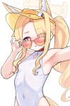  1girl above-cleavage_cutout adjusting_eyewear animal_ears armpits blonde_hair blue_archive breasts clothing_cutout commentary covered_navel cross_halo diamond_cutout drill_hair drill_ponytail extra_ears fox_ears fox_girl fox_tail halo highleg highleg_one-piece_swimsuit highres long_hair looking_over_eyewear matsumaramara navel official_alternate_costume one-piece_swimsuit open_mouth paid_reward_available pink_eyes red-tinted_eyewear seia_(blue_archive) seia_(swimsuit)_(blue_archive) side_ponytail simple_background small_breasts solo sunglasses swimsuit tail tinted_eyewear upper_body visor_cap white_background white_one-piece_swimsuit yellow_halo yellow_visor 