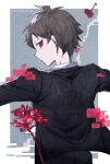  1boy ahoge bangs black_jacket black_pants brown_hair commentary_request danganronpa_(series) danganronpa_2.5:_nagito_komaeda_and_the_world_vanquisher danganronpa_2:_goodbye_despair flower from_behind glitch grey_background hatching_(texture) highres hinata_hajime jacket looking_at_viewer male_focus outstretched_arms pants profile red_eyes red_flower red_hair short_hair solo upper_body ziling 