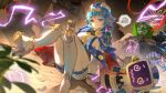 1girl 1other @_@ android arm_support arrow_(symbol) birgitta_(genshin_impact) blue_eyes blue_hair cape double_bun electricity genshin_impact hair_bun hat high_heels highres indoors ineffa_(genshin_impact) joints mechanical_arms mechanical_legs messy_room on_floor recycle_bin recycling_symbol robot_ears robot_girl robot_joints short_hair spoken_squiggle squiggle wavy_mouth yu_e_baba 