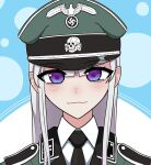  1girl black_necktie blue_background collared_shirt hat highres jacket koalakanru long_hair looking_at_viewer military_hat military_jacket military_uniform military_vehicle nazi necktie original purple_eyes reichsadler shirt solo swastika totenkopf two-tone_background white_hair white_shirt 