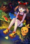  1girl bandana beak bike_shorts blue_eyes blush bow_hairband breasts brown_hair closed_eyes closed_mouth hairband highres hsin log may_(pokemon) mudkip mushroom open_mouth outdoors pokemon pokemon_(creature) pokemon_oras red_bandana red_shirt shirt short_hair shorts shorts_under_shorts sitting sleeping sleeveless smile starter_pokemon_trio torchic treecko water 