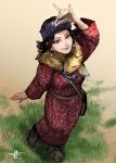  1girl ainu_clothes arm_up black_eyes black_hair blue_lips closed_mouth from_above full_body golden_kamuy grass holding inkarmat long_sleeves mitsuya purple_headband scarf short_hair smile solo 